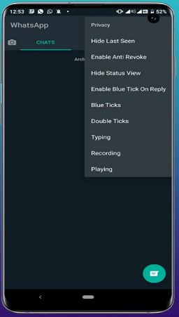 captura de tela mostrando opções do gbwhatsapp mini apk atualizado no android